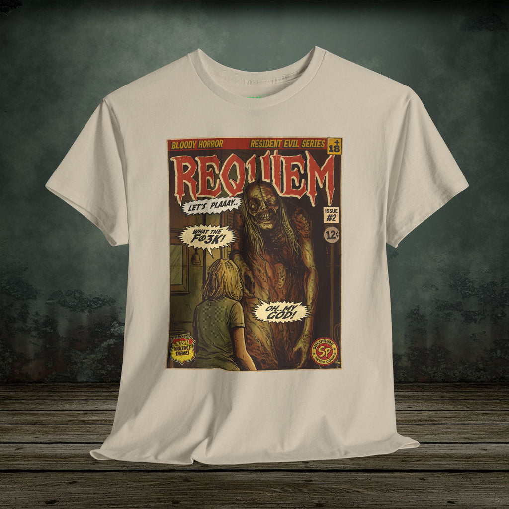Resident Evil Requiem Issue #2 comic cover T-shirt featuring a terrifying horror scene in vintage retro style. Perfect tee for survival horror fans.