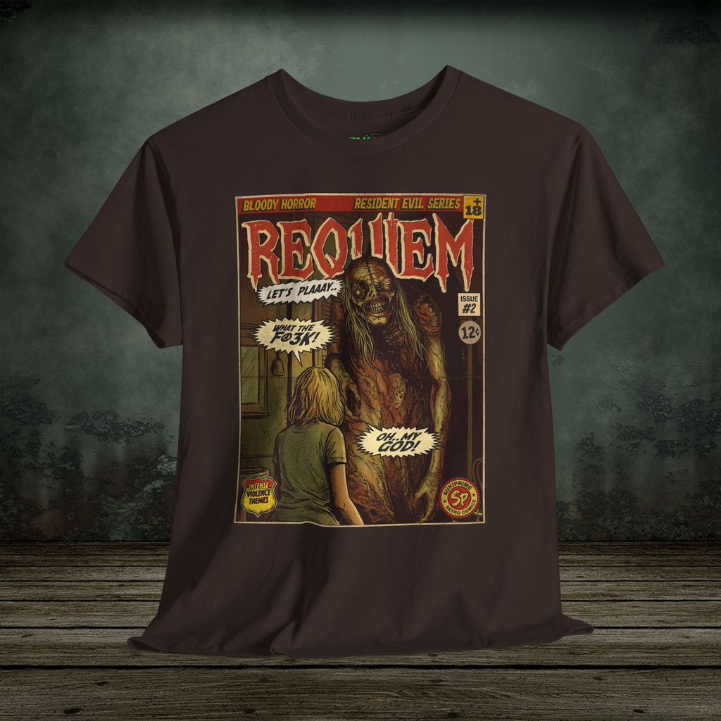 Resident Evil Requiem Issue #2 comic cover T-shirt featuring a terrifying horror scene in vintage retro style. Perfect tee for survival horror fans.