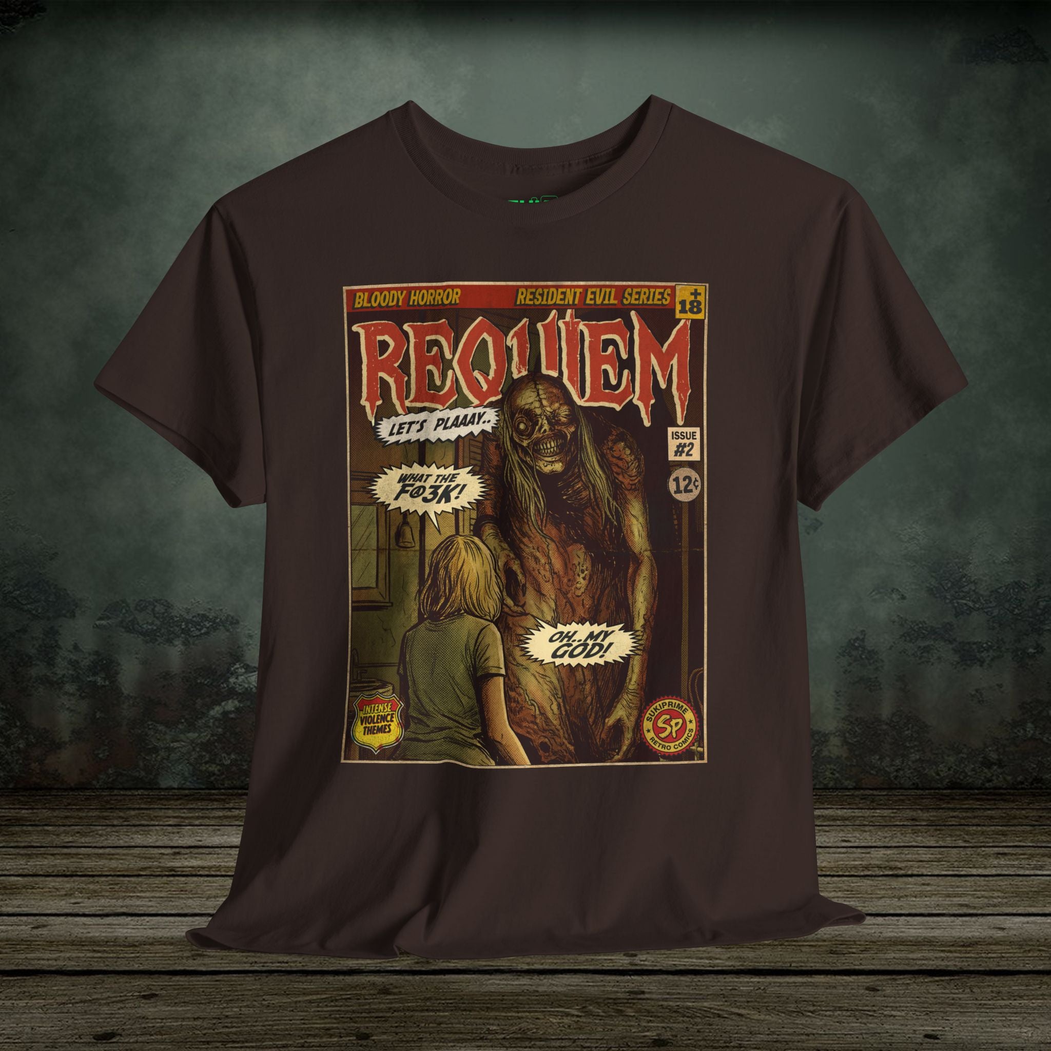 Resident Evil Requiem Issue #2 comic cover T-shirt featuring a terrifying horror scene in vintage retro style. Perfect tee for survival horror fans.