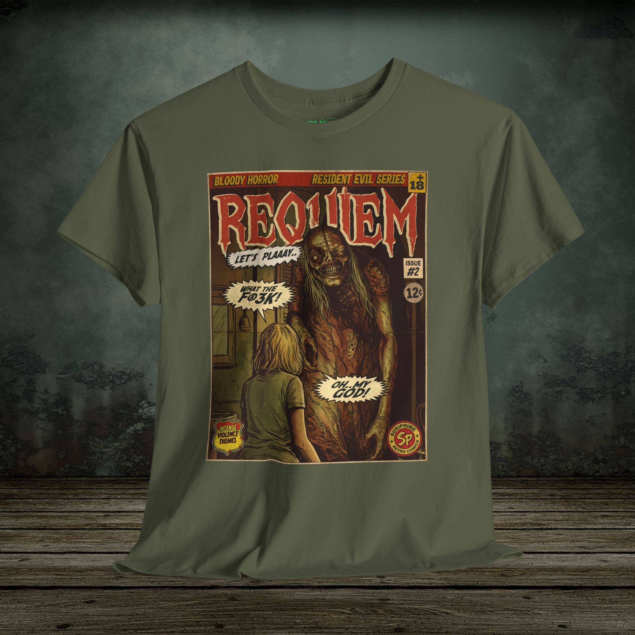 Resident Evil Requiem Issue #2 comic cover T-shirt featuring a terrifying horror scene in vintage retro style. Perfect tee for survival horror fans.