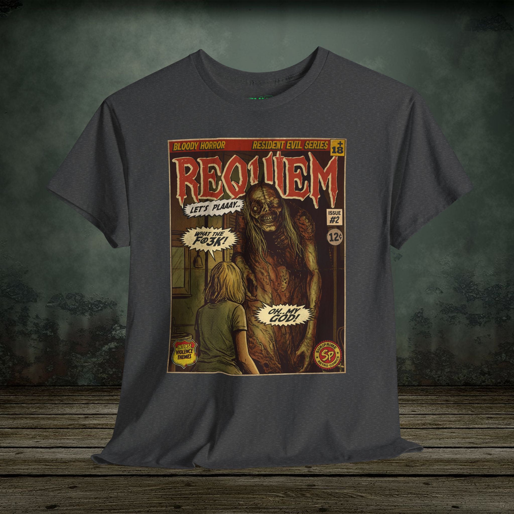 Resident Evil Requiem Issue #2 comic cover T-shirt featuring a terrifying horror scene in vintage retro style. Perfect tee for survival horror fans.
