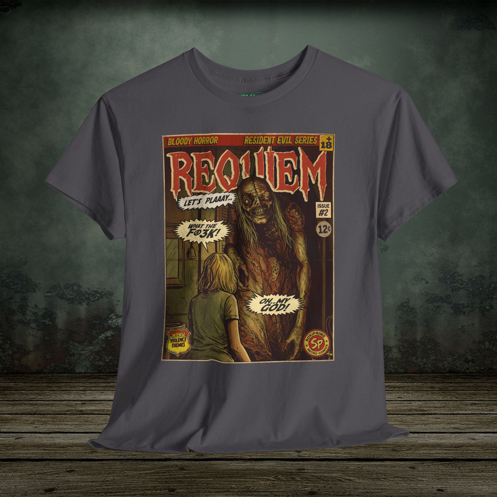 Resident Evil Requiem Issue #2 comic cover T-shirt featuring a terrifying horror scene in vintage retro style. Perfect tee for survival horror fans.