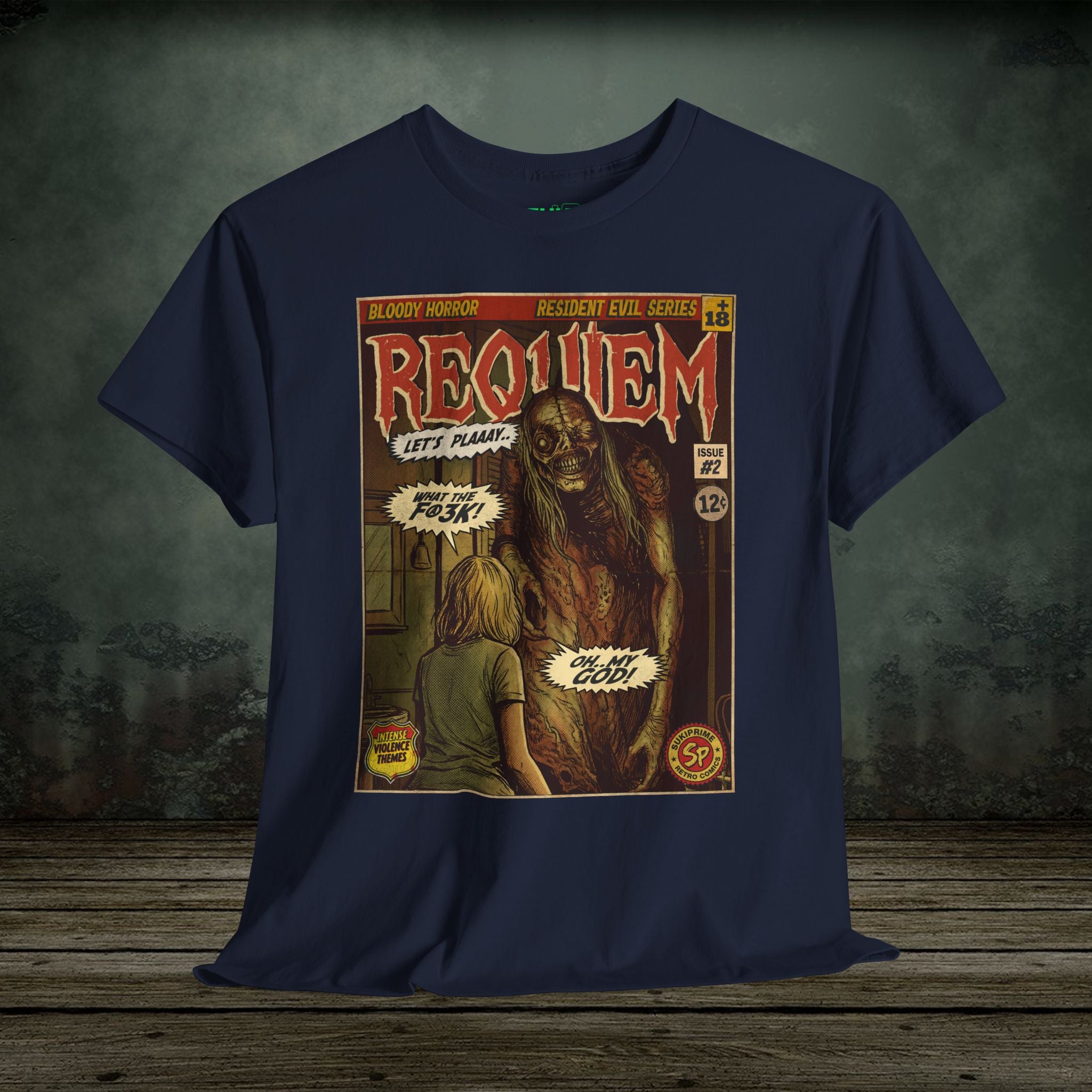 Resident Evil Requiem Issue #2 comic cover T-shirt featuring a terrifying horror scene in vintage retro style. Perfect tee for survival horror fans.