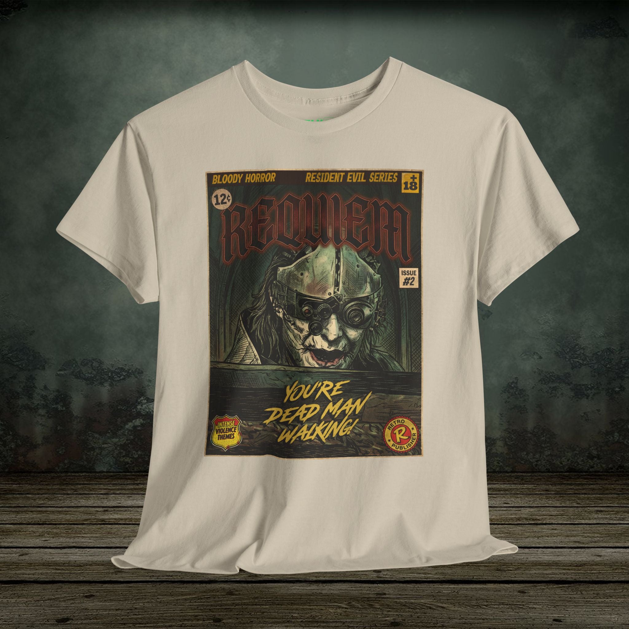 White t-shirt with a graphic design of a zombie on a comic book cover, displayed against a dark textured background.