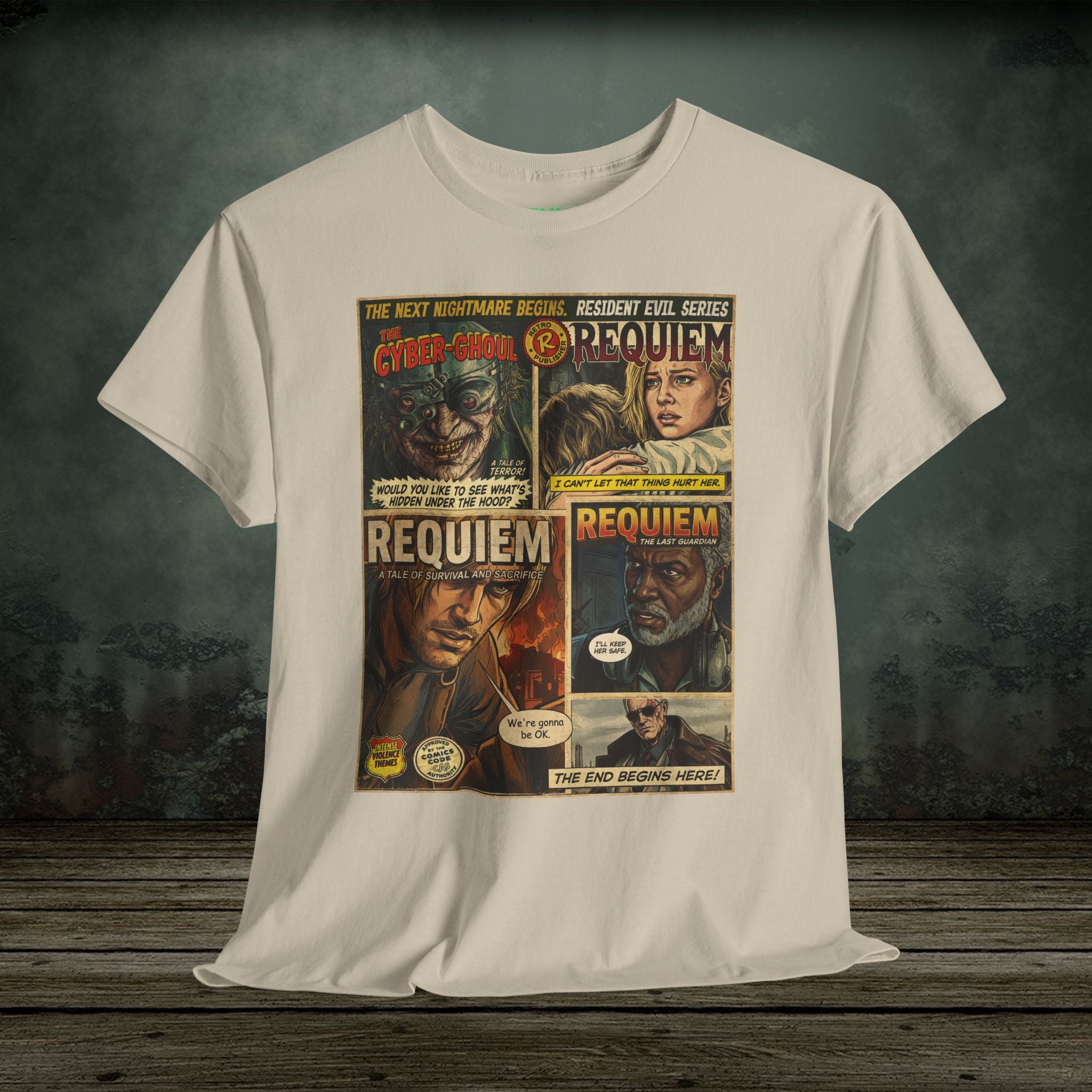 White t-shirt with 'Resident Evil Requiem' comic book cover design on a wooden surface.
