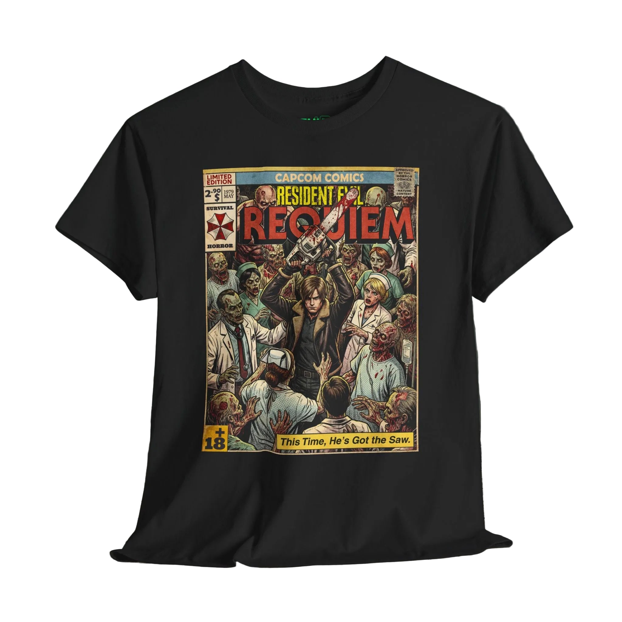 Black t-shirt with 'Resident Evil Requiem' comic book cover design on a wooden surface.