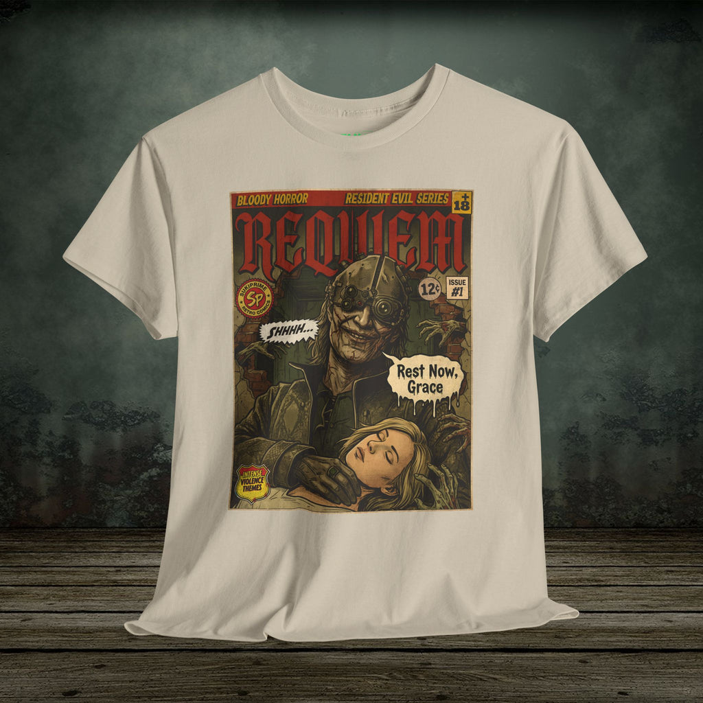 Resident Evil Requiem comic cover style T-shirt featuring a dark horror villain holding Grace in vintage retro illustration design.