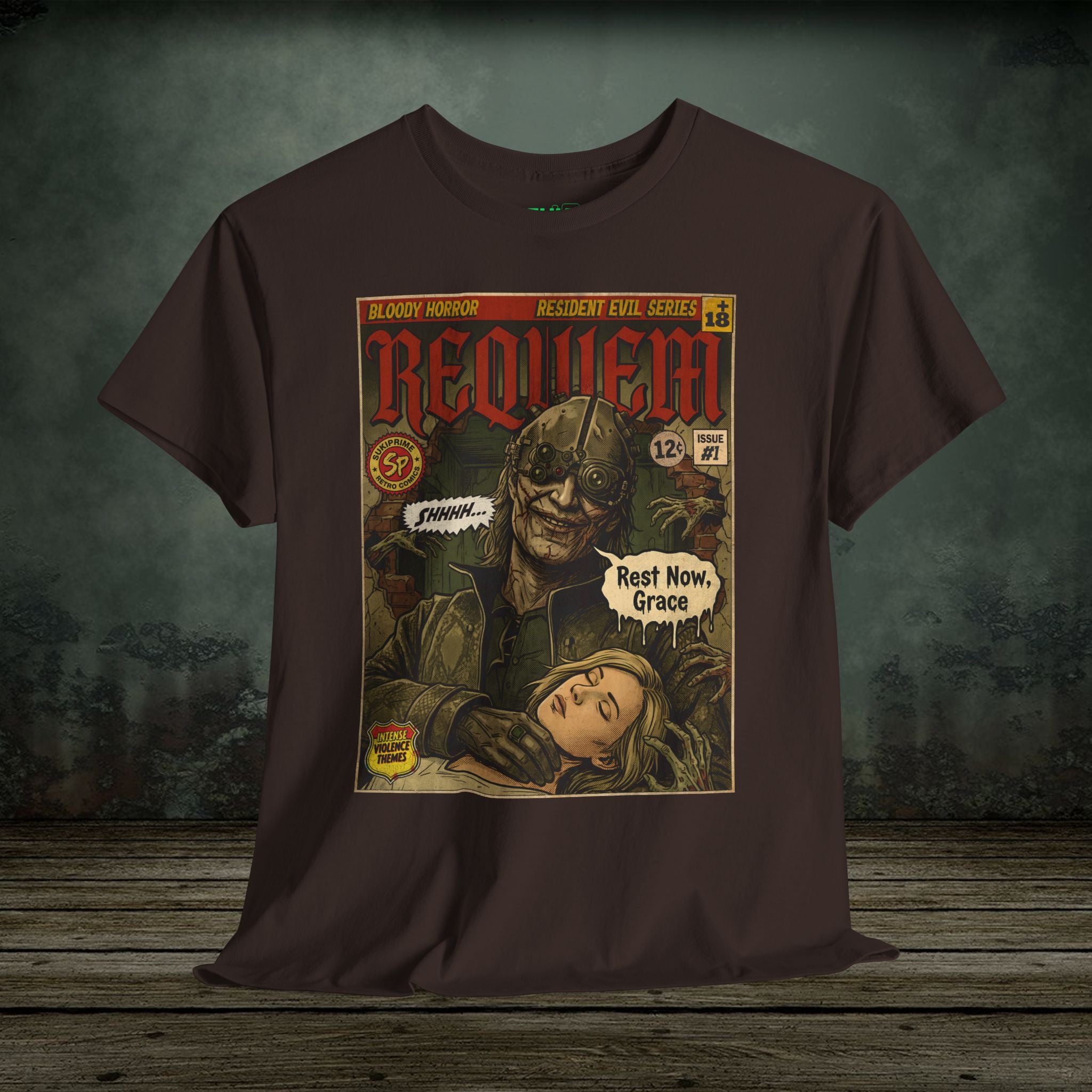 Resident Evil Requiem comic cover style T-shirt featuring a dark horror villain holding Grace in vintage retro illustration design.