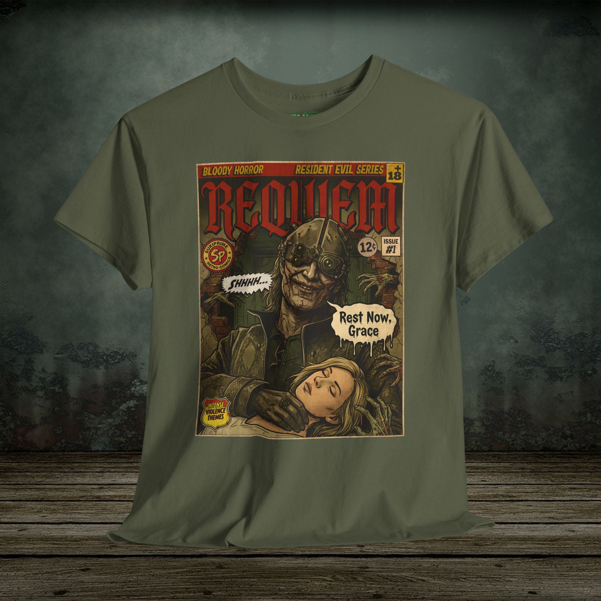 Resident Evil Requiem comic cover style T-shirt featuring a dark horror villain holding Grace in vintage retro illustration design.