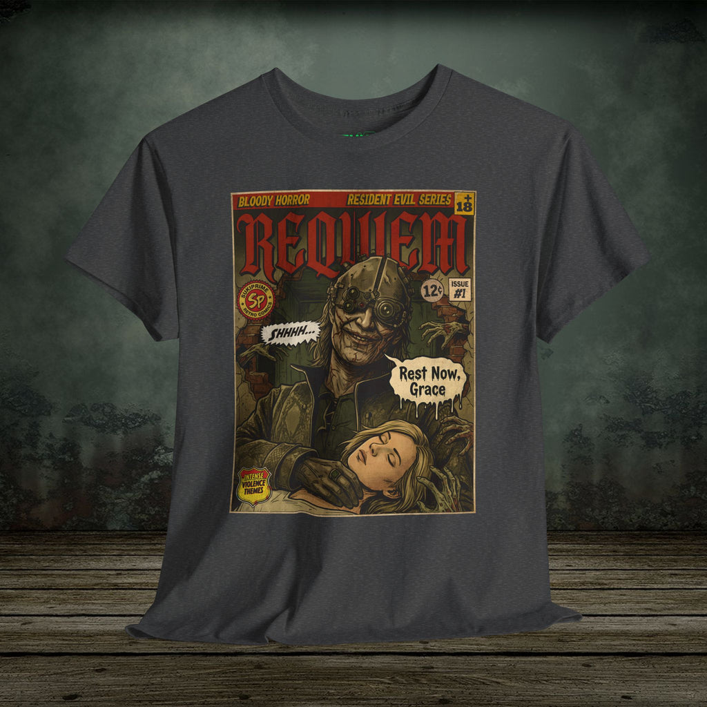Resident Evil Requiem comic cover style T-shirt featuring a dark horror villain holding Grace in vintage retro illustration design.