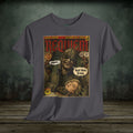 Resident Evil Requiem comic cover style T-shirt featuring a dark horror villain holding Grace in vintage retro illustration design.