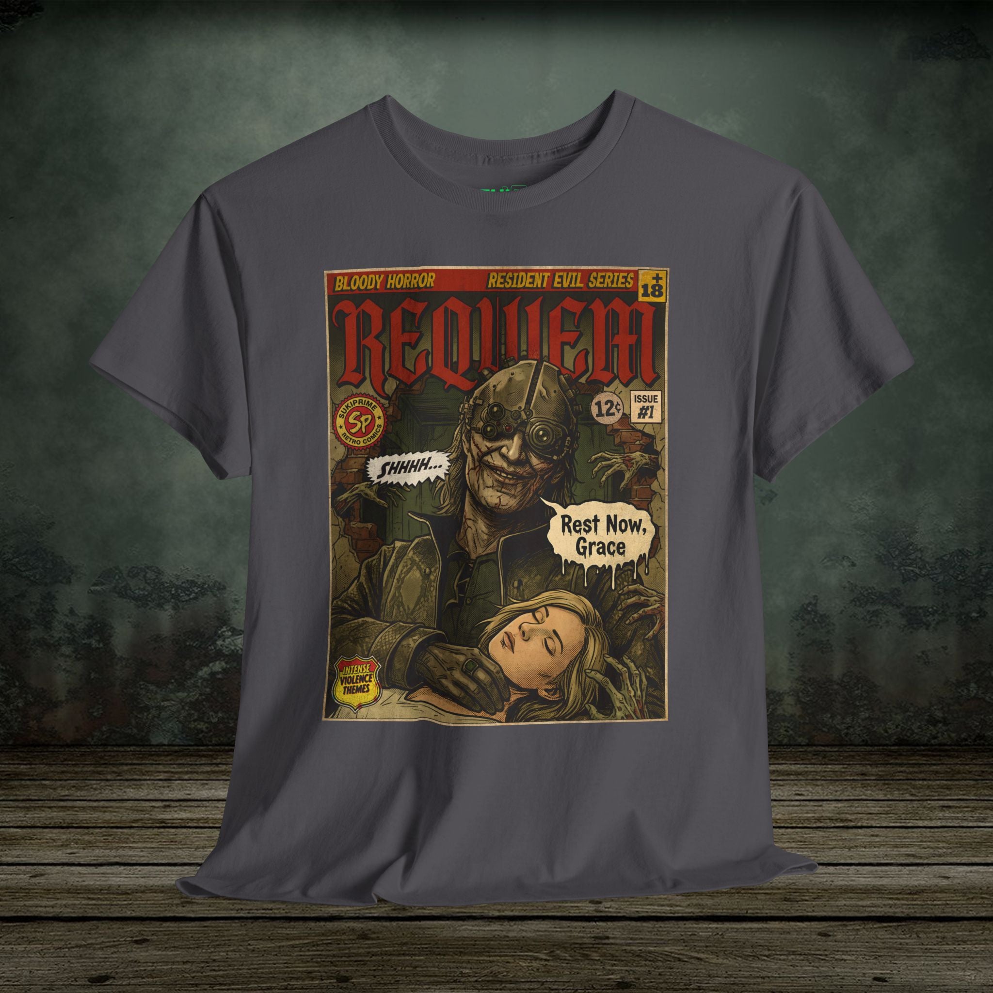 Resident Evil Requiem comic cover style T-shirt featuring a dark horror villain holding Grace in vintage retro illustration design.