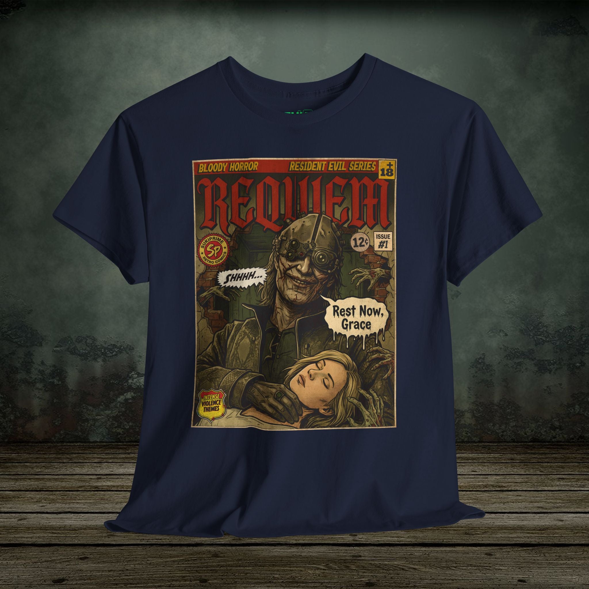 Resident Evil Requiem comic cover style T-shirt featuring a dark horror villain holding Grace in vintage retro illustration design.