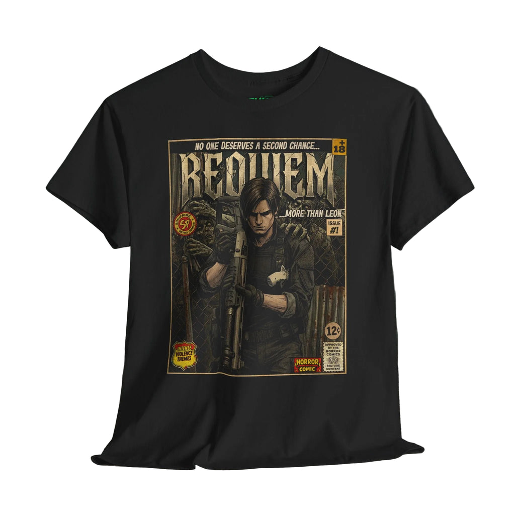 Resident Evil Requiem retro comic cover themed gaming t-shirts by SukiPrime. Premium quality designs for true fans. Shop now!
