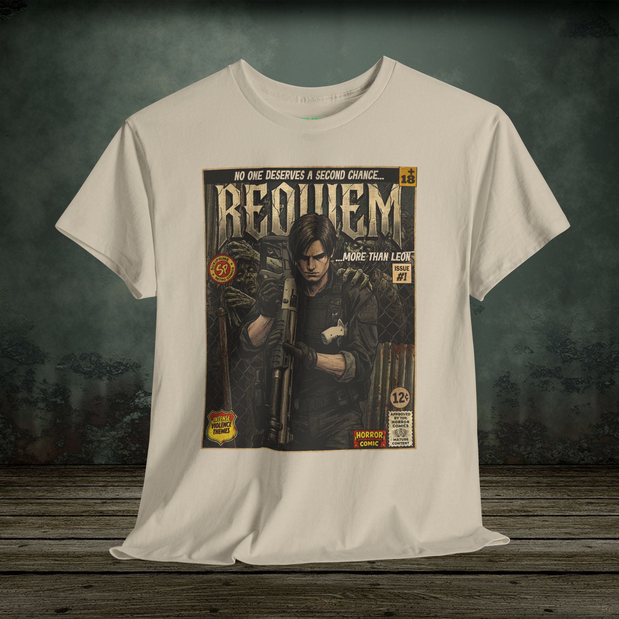 White t-shirt with a graphic design of a comic book cover on a wooden surface.