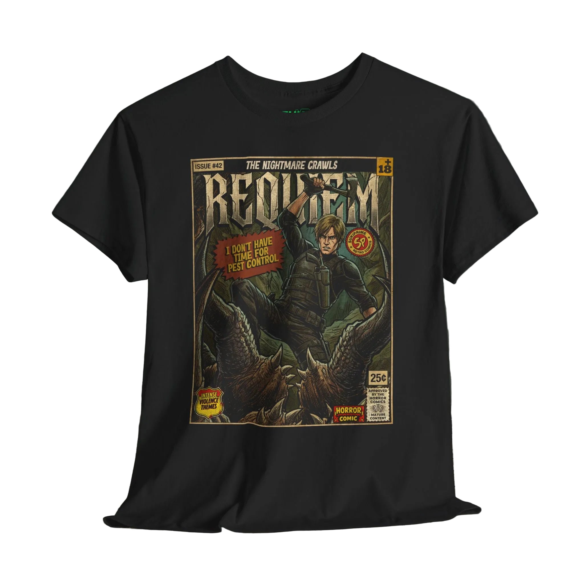 Resident Evil Requiem retro comic cover themed gaming t-shirts by SukiPrime. Premium quality designs for true fans. Shop now!