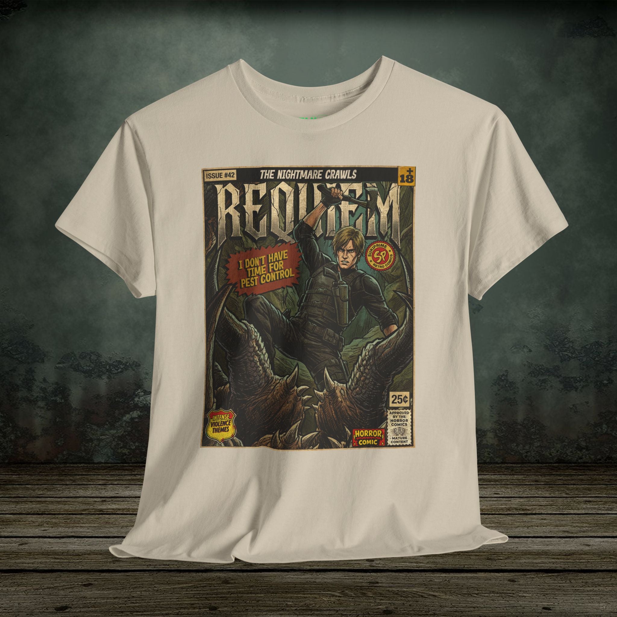 White t-shirt with a comic book cover design on a wooden surface and dark background