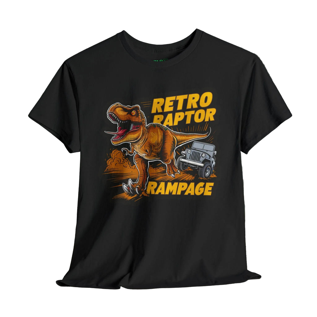 Black t-shirt with 'Retro Raptor Rampage' graphic design on a wooden surface.