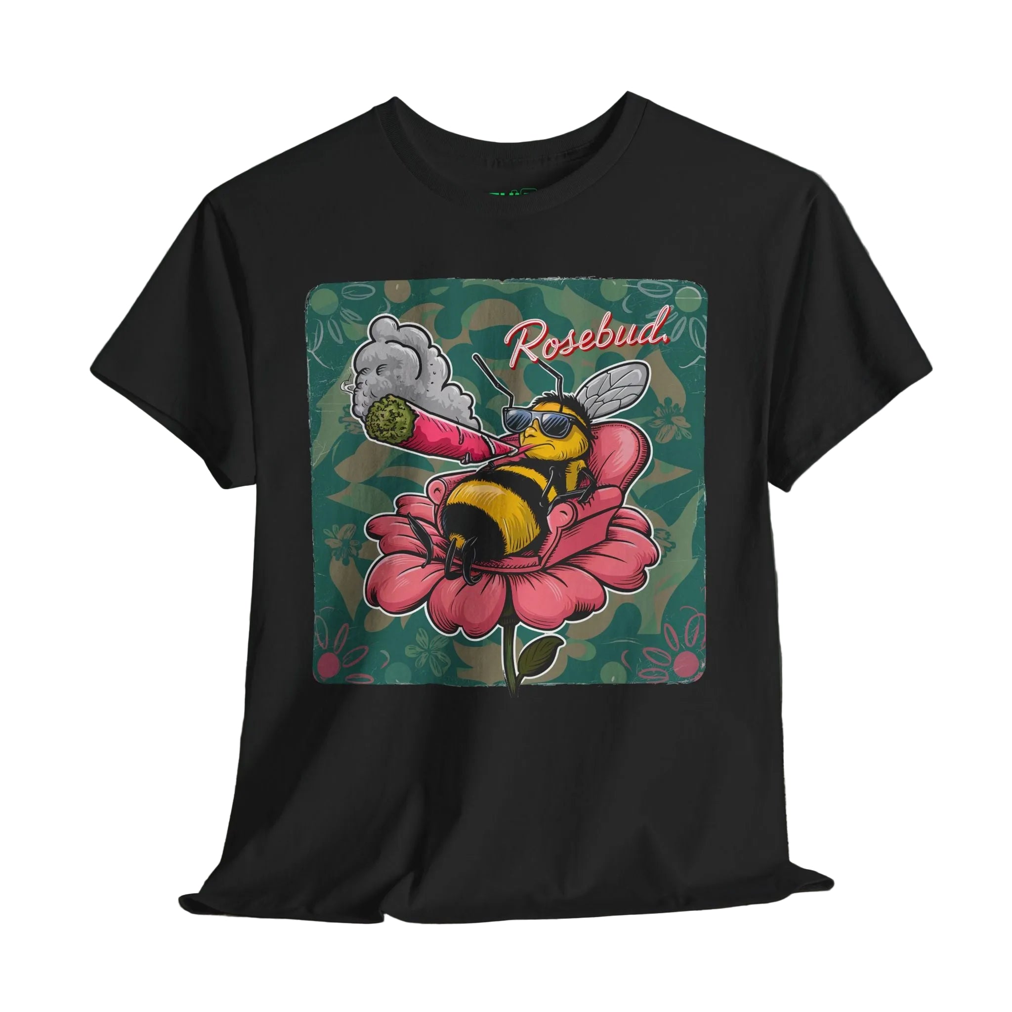Black t-shirt with a graphic design of bees on a flower and 'Rosebud' text, displayed against a textured dark background.