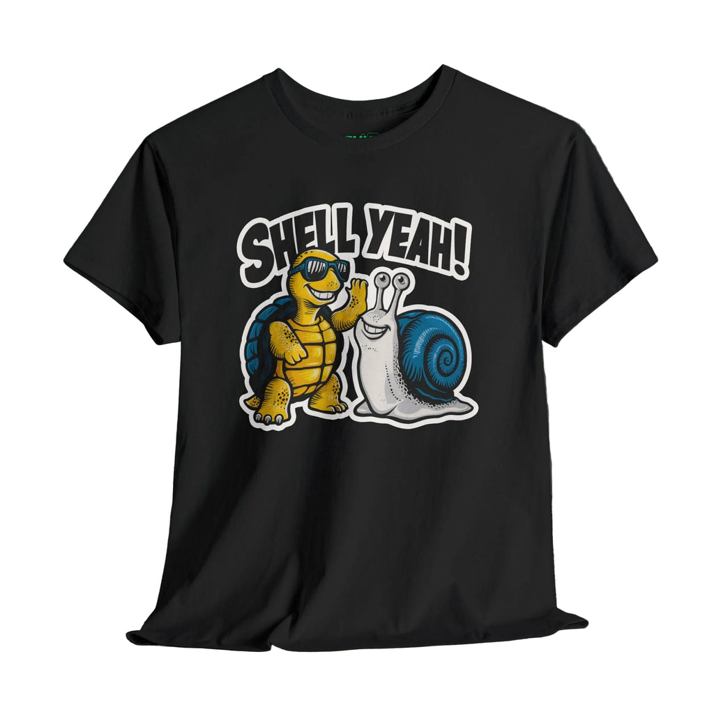 Black t-shirt with a graphic of a turtle and snail with 'Shell Yeah!' text on a wooden surface.