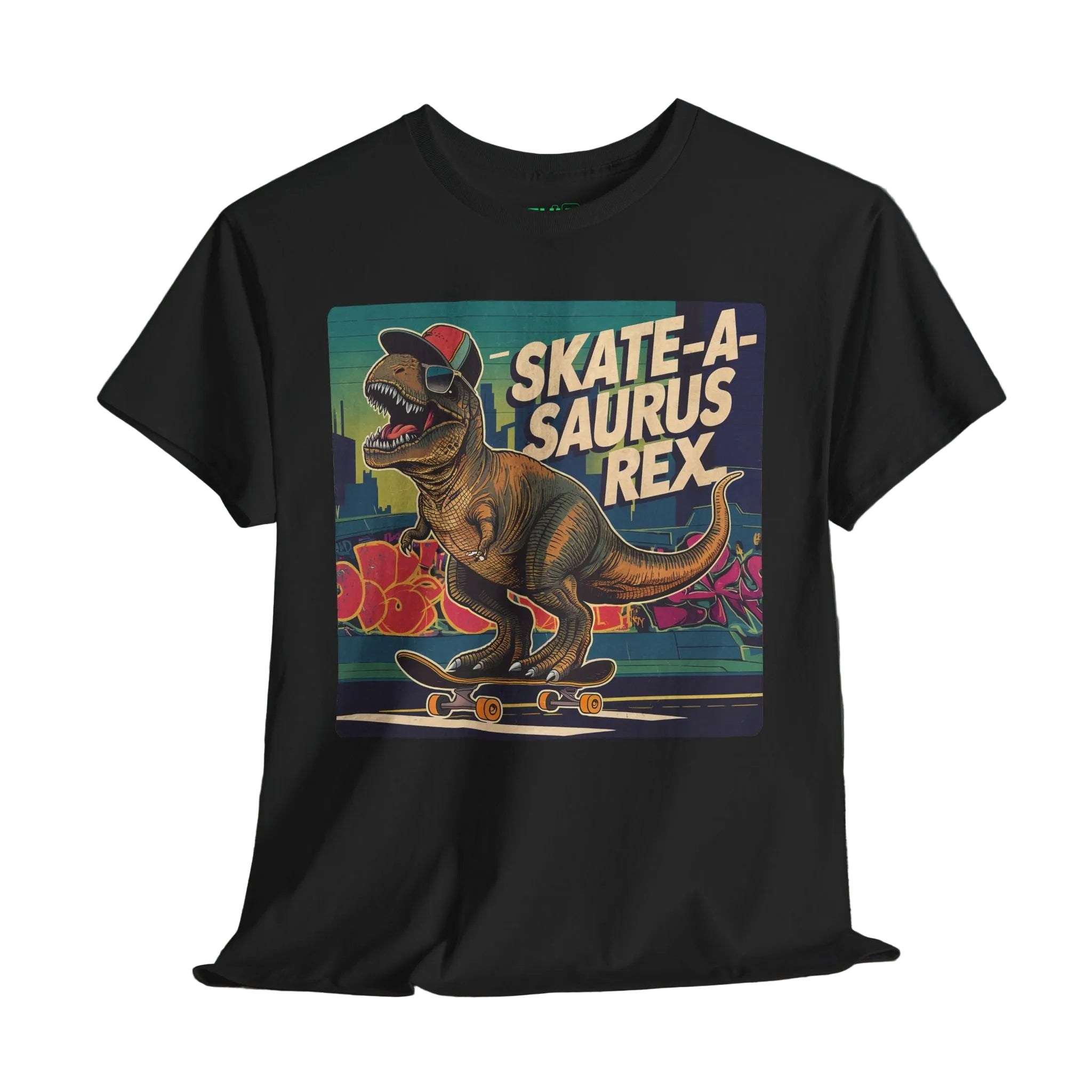Black t-shirt with a dinosaur graphic and 'Skate-A-Saurus Rex' text on a wooden surface.