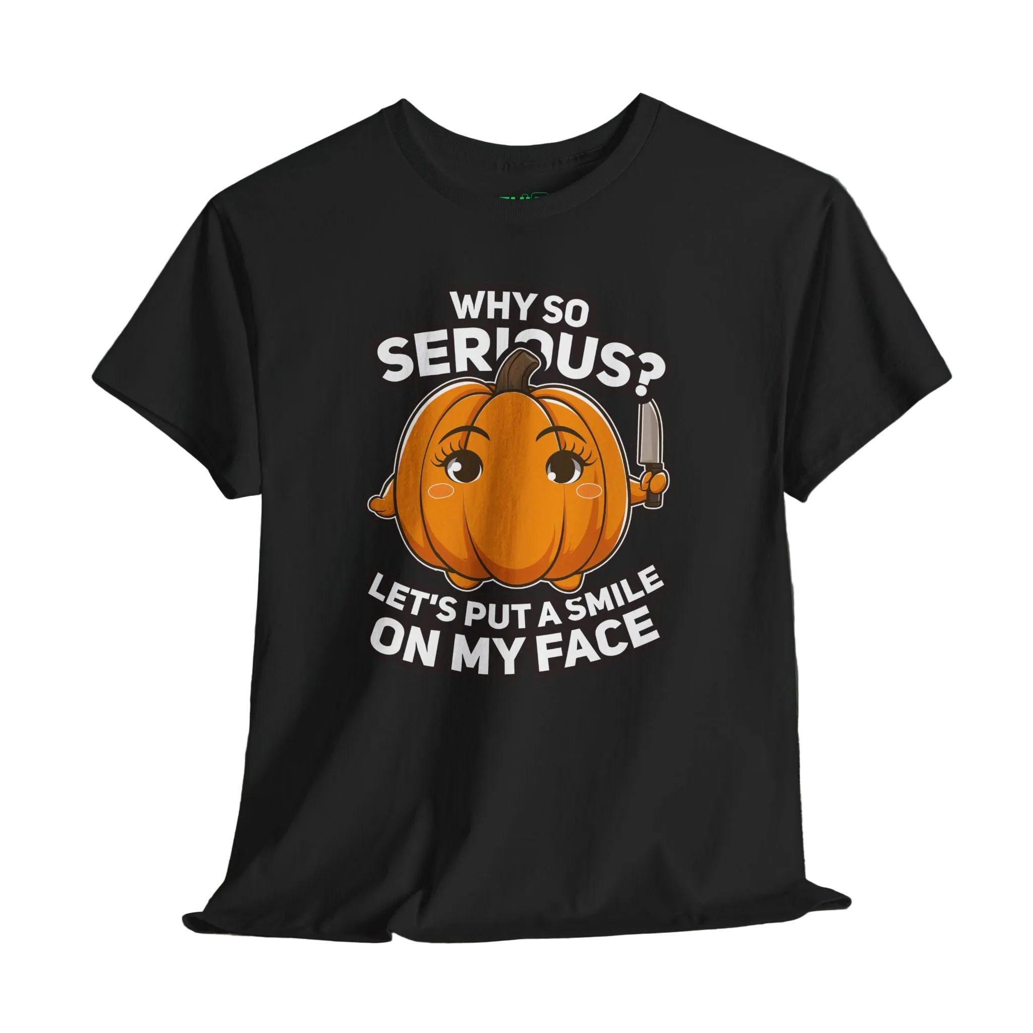 Black t-shirt with a pumpkin graphic and text on a wooden surface and dark background