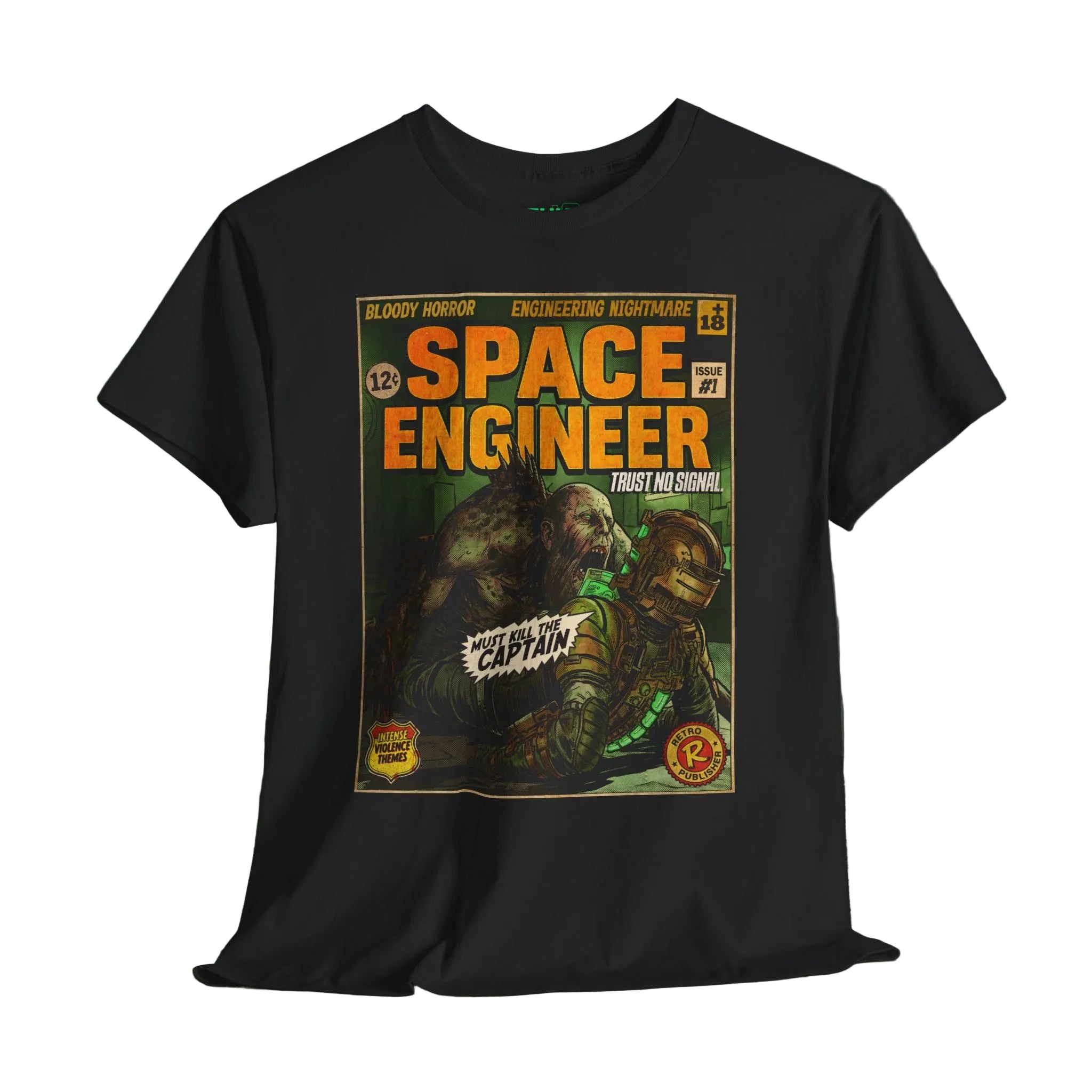 Space Engineer Gaming T-Shirt. Explore unique retro comic cover themed gaming t-shirts by SukiPrime. Premium quality designs for true fans. Shop now!