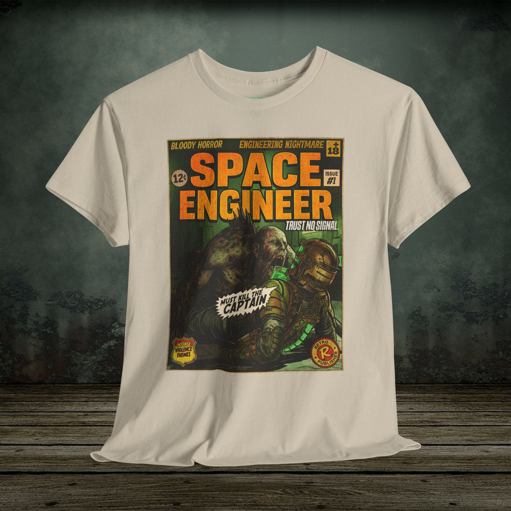 White t-shirt with a 'Space Engineer' graphic design on a wooden surface and dark background