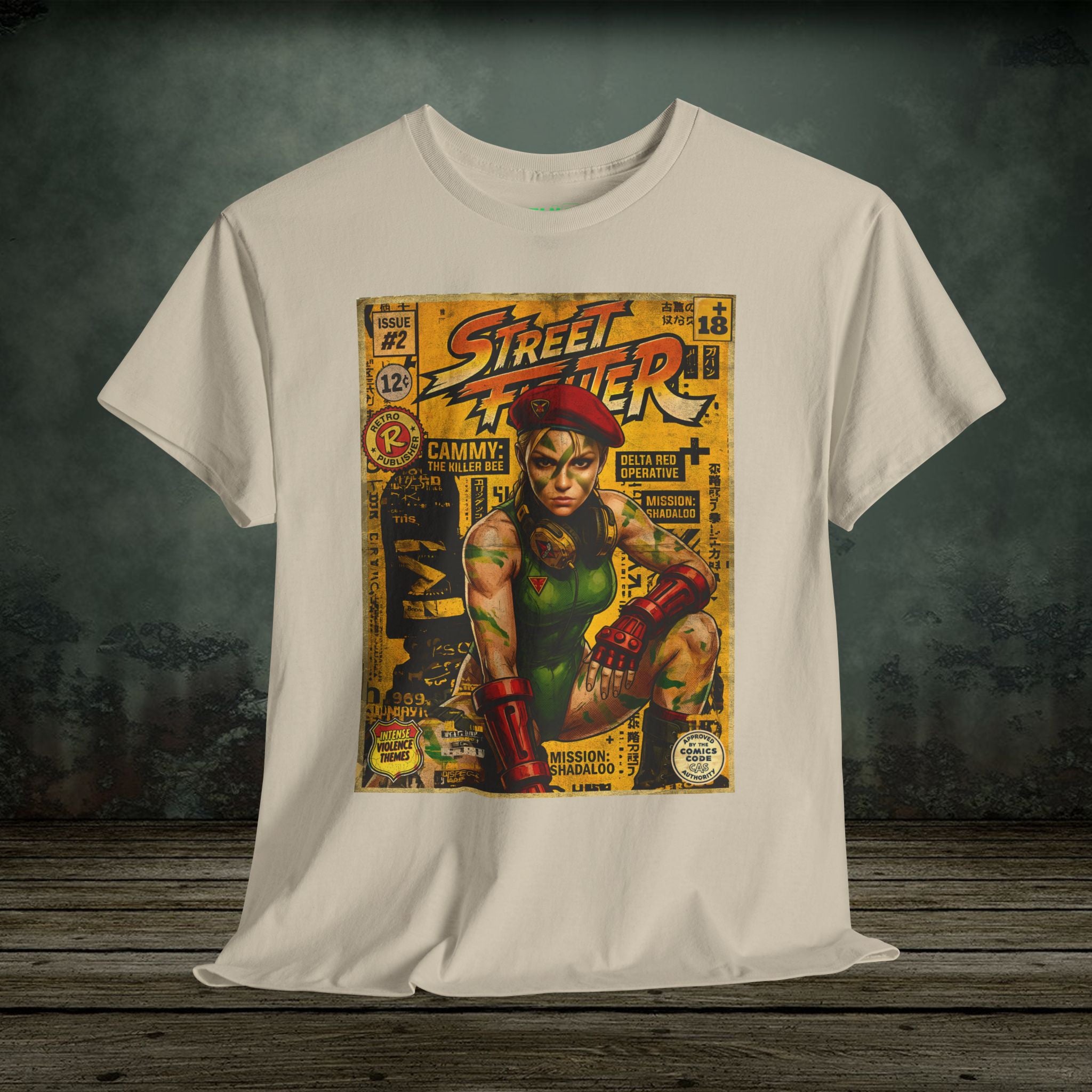 White t-shirt with Street Fighter graphic design on a wooden surface and dark background