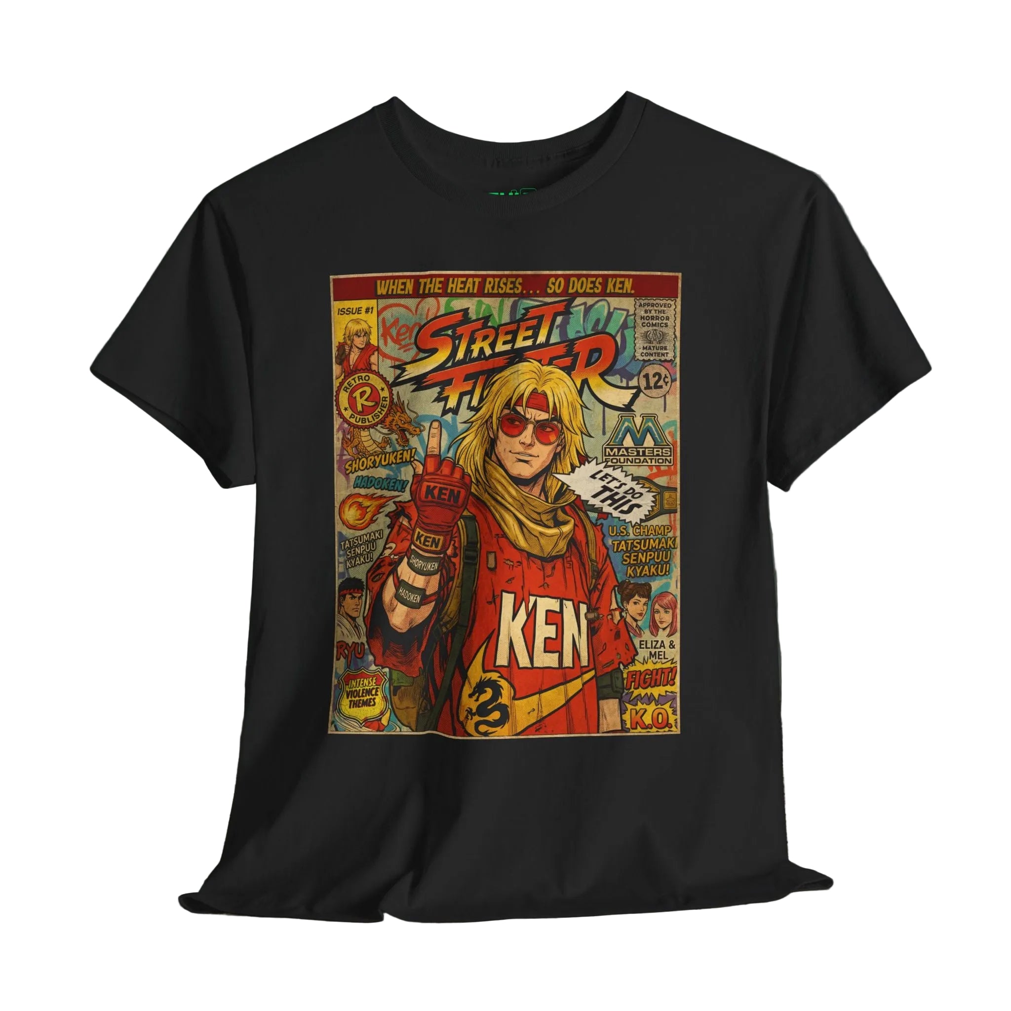 Street Fighter Ken T-Shirt. Explore unique retro comic cover themed gaming t-shirts by SukiPrime. Premium quality designs for true fans. Shop now!