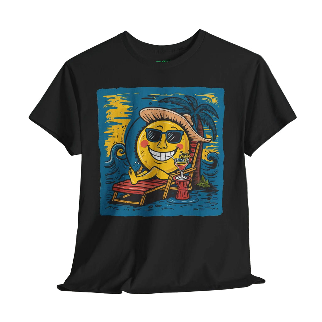 Black t-shirt with a colorful graphic of a sun character on a wooden surface and dark background