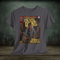Gray t-shirt with 'The Evil Dead' comic book cover graphic on a wooden surface.