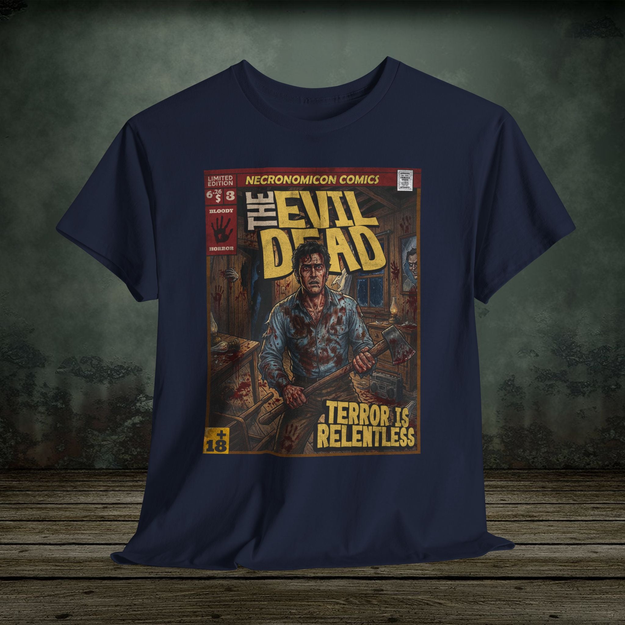 Navy blue t-shirt with 'The Evil Dead' graphic design on a wooden surface with a dark background