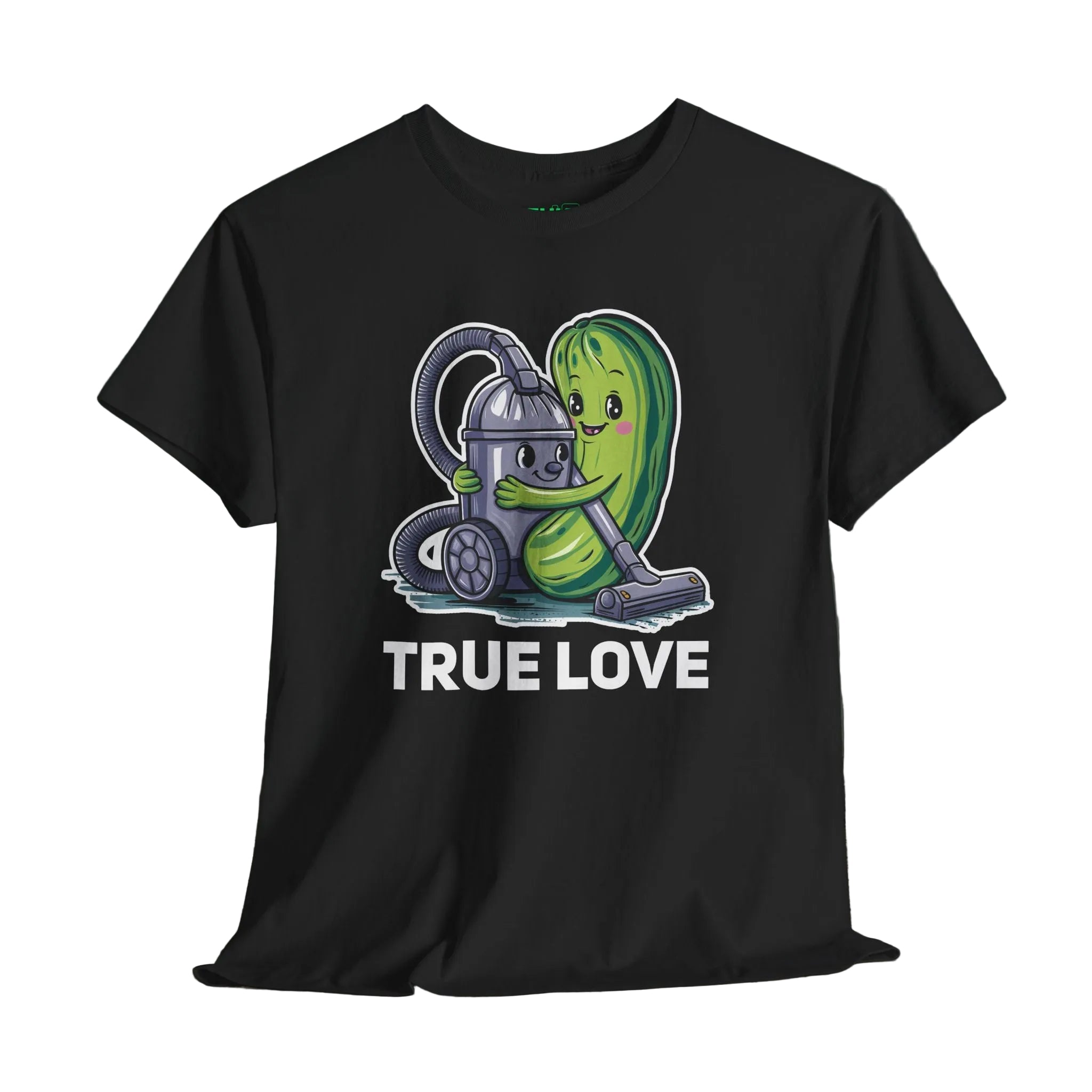 Black t-shirt with a cartoon design of a pickle and a vacuum cleaner with 'True Love' text on a wooden surface.