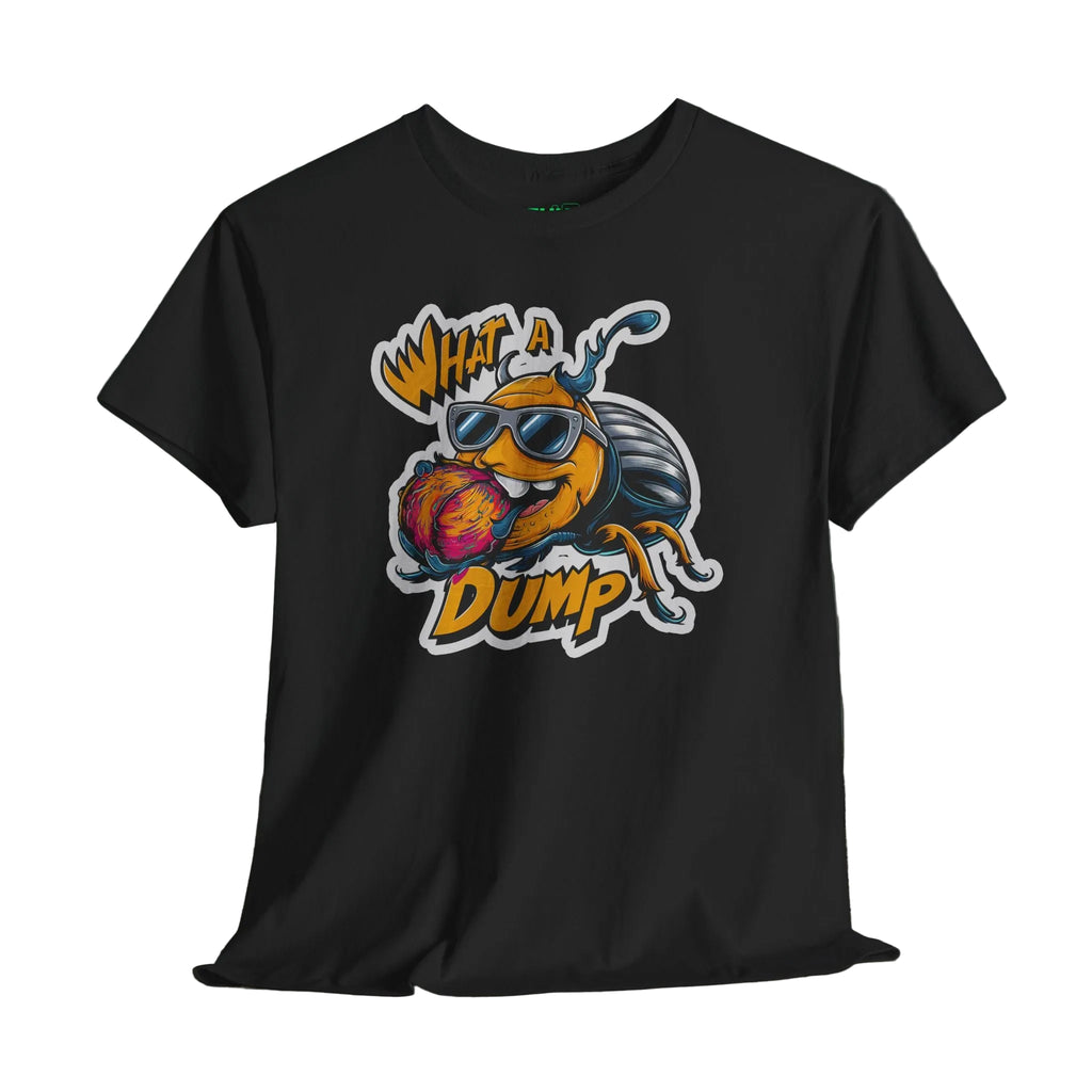 Black t-shirt with a colorful graphic design on a wooden surface and dark background