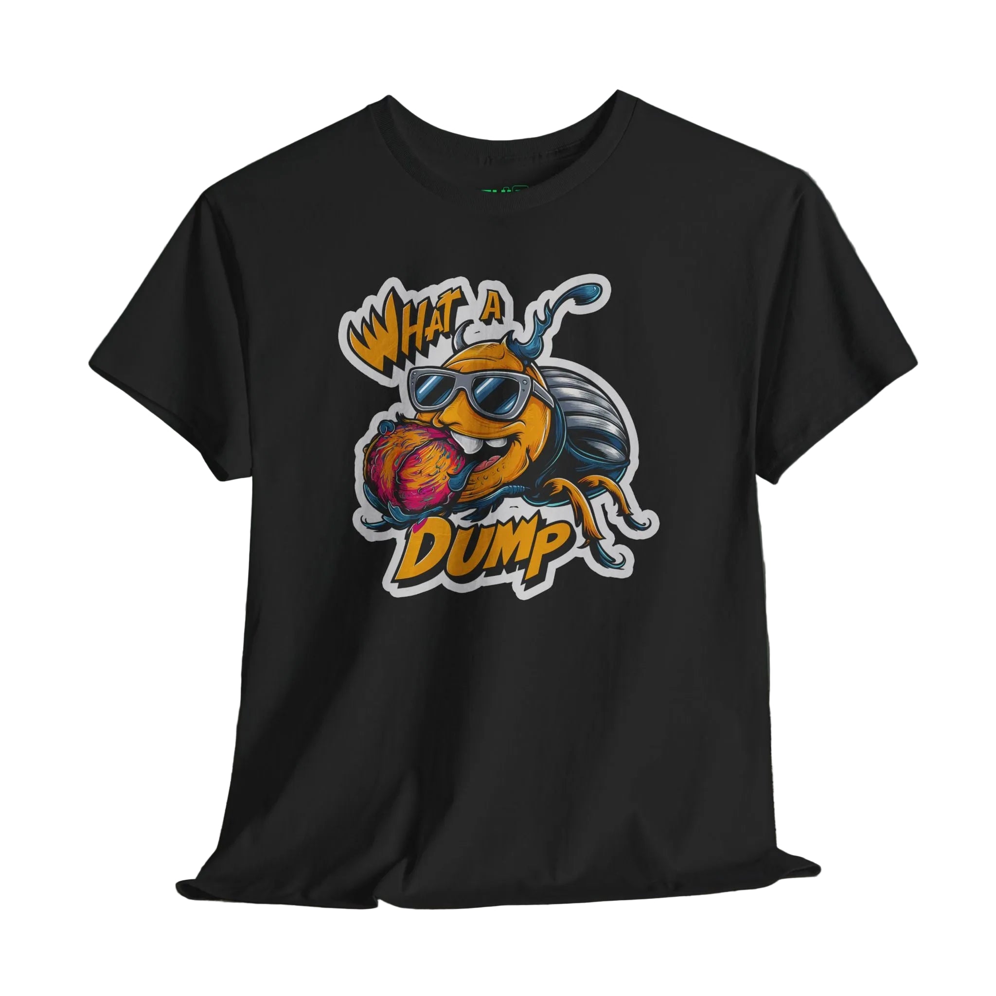 Black t-shirt with a colorful graphic design on a wooden surface and dark background