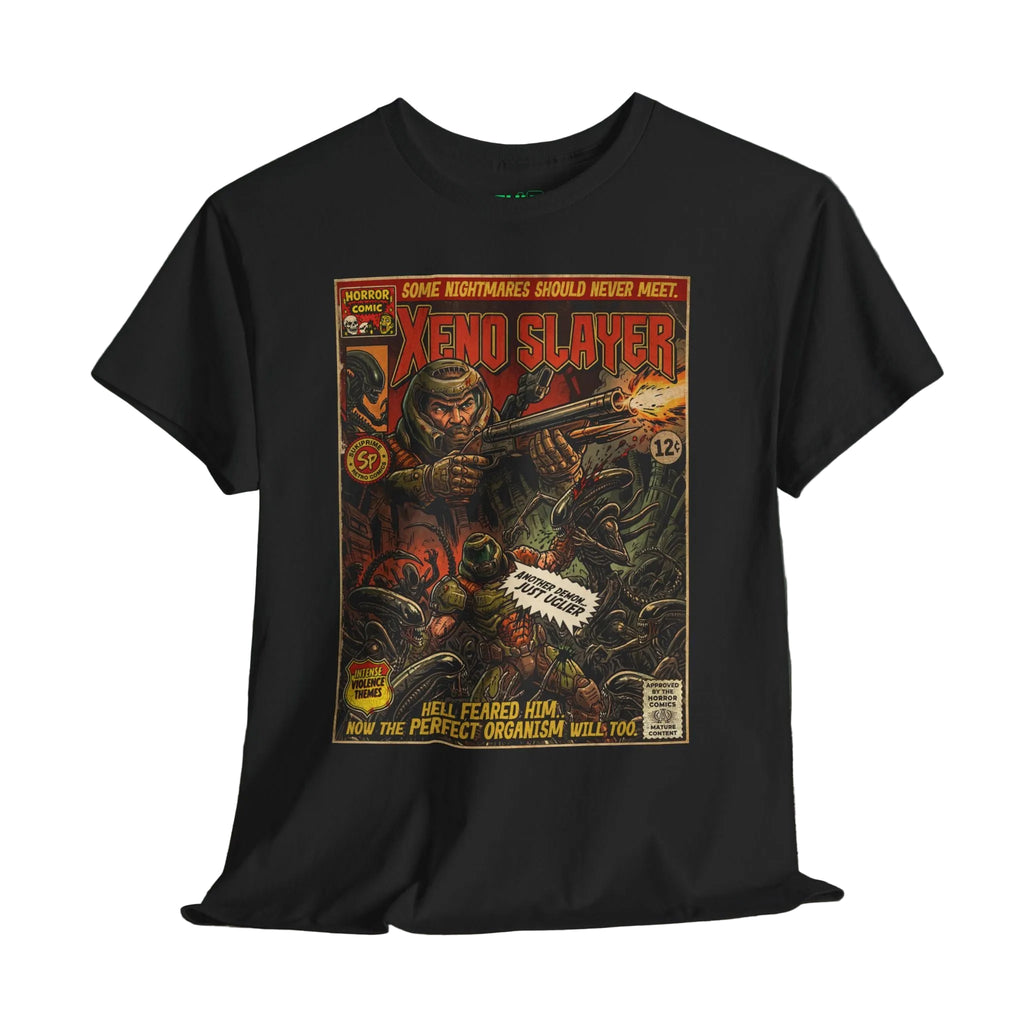 Xeno Slayer Gaming T-Shirt. Explore unique retro comic cover themed gaming t-shirts by SukiPrime. Premium quality designs for true fans. Shop now!