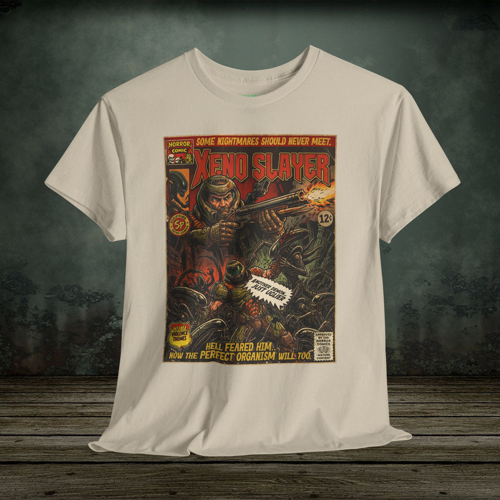 White t-shirt with a graphic design of 'Xeno Slayer' on a wooden surface and dark background