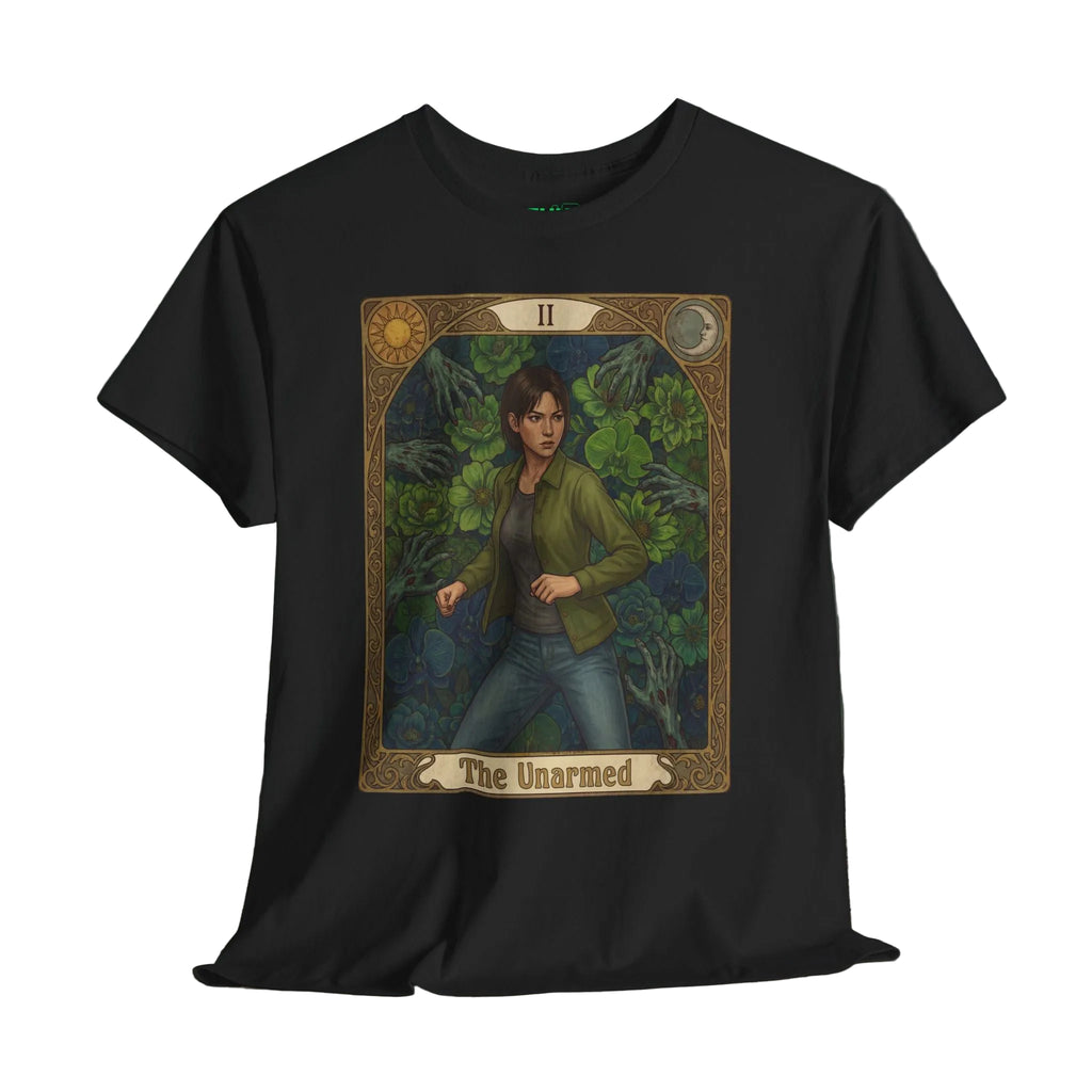 Black t-shirt with a graphic design of a person in a forest and text 'The Unarmed' on a dark background.