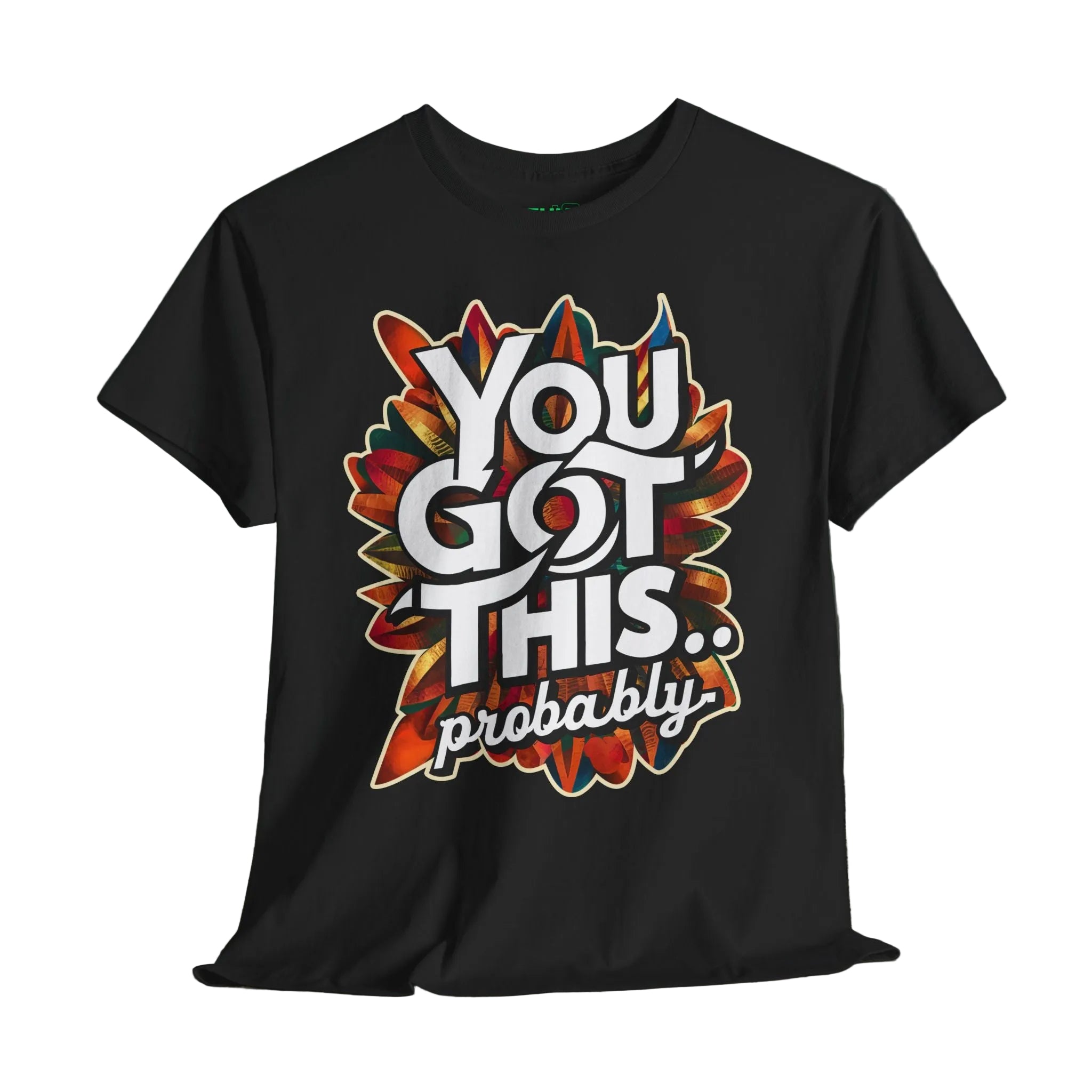 Black t-shirt with colorful graphic and text 'YOU GOT THIS.. probably' on a wooden surface.