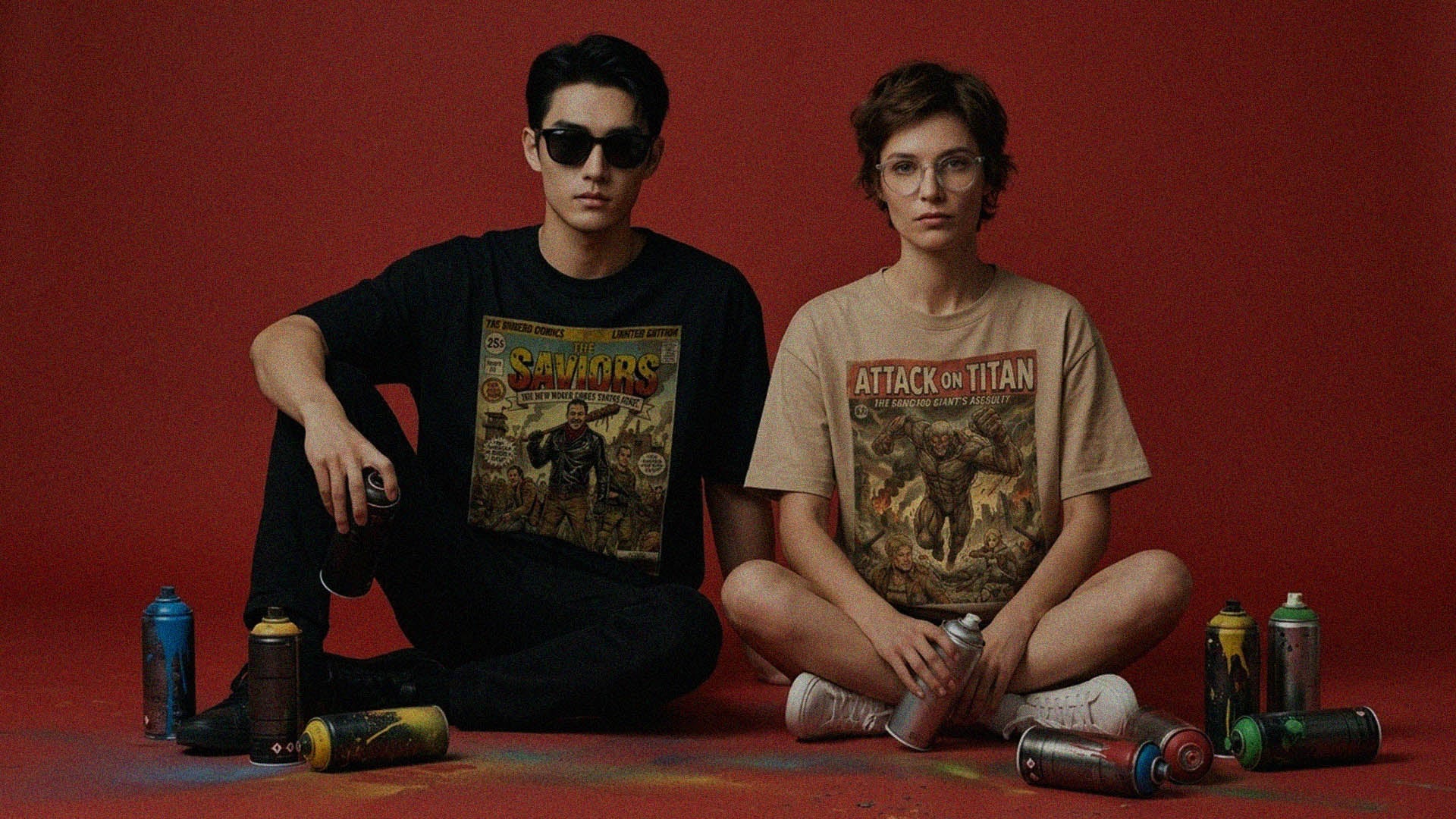 Person wearing a retro-vintage oversized anime graphic t-shirt featuring bold comic book art style, available at SukiPrime.