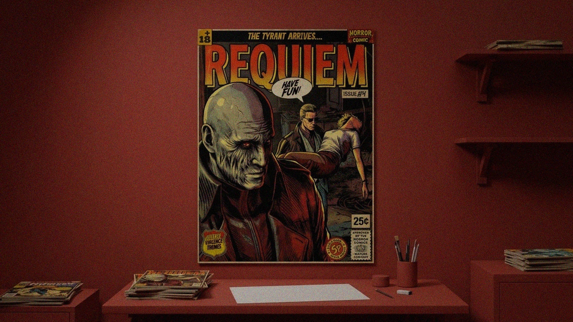 A SukiPrime vintage horror comic book cover titled "Resident Evil Requiem" displayed as a wall poster above a red desk.